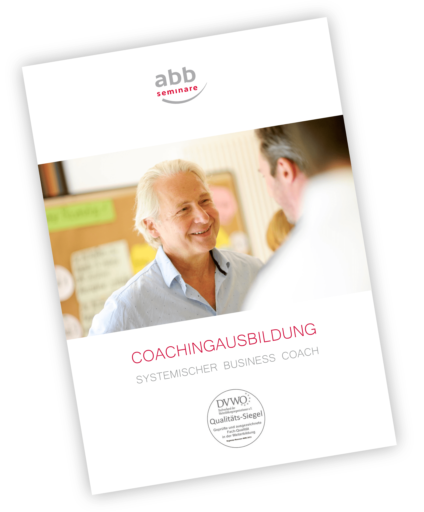 Titelbildvorschau Broschüre Systemischer Business Coach Ausbildung: "Coachingausbildung" mit abb-seminare Logo und Titelbild der Ausbildung